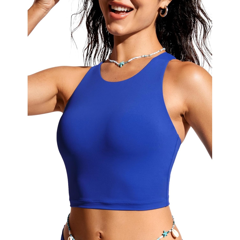 image:imageCRZ YOGA Racerback Bikini Tops for Women  Padded High Neck Modest Swim Sports Bathing BraWaves Blue