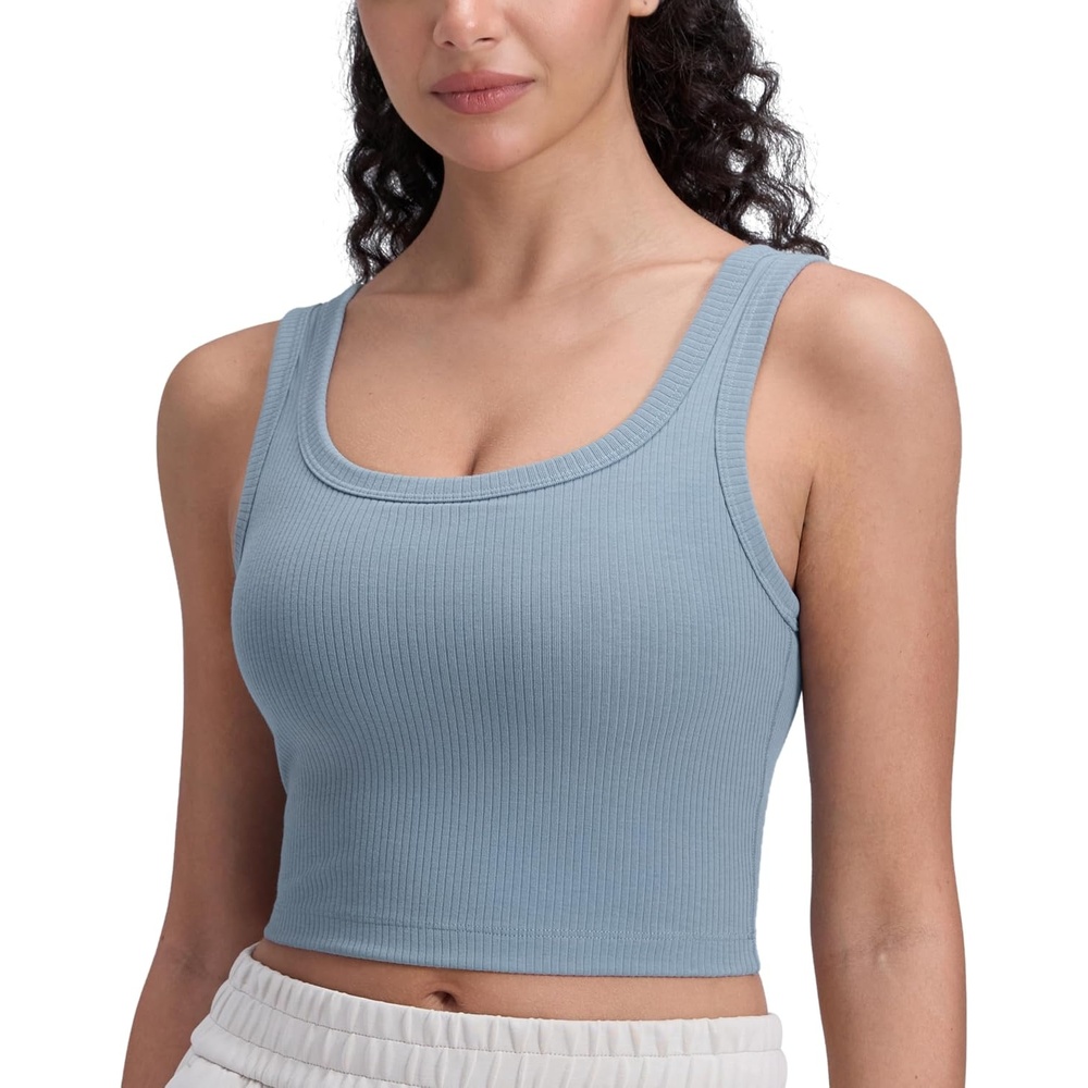 image:imageCRZ YOGA Ribbed Scoop Neck Crop Tank Tops for Women Padded Longline Sports Bras Yoga Workout CamiCambric Blue