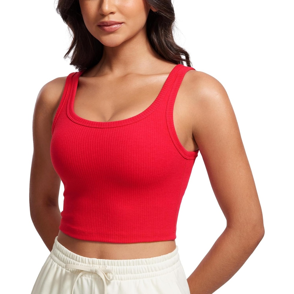 image:imageCRZ YOGA Ribbed Scoop Neck Crop Tank Tops for Women Padded Longline Sports Bras Yoga Workout CamiDeep Red