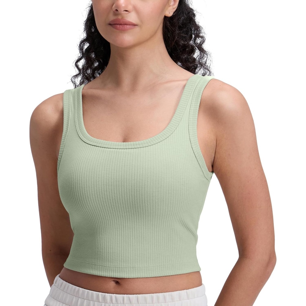 image:imageCRZ YOGA Ribbed Scoop Neck Crop Tank Tops for Women Padded Longline Sports Bras Yoga Workout CamiFog Green