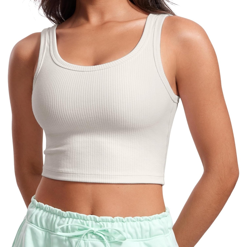 image:imageCRZ YOGA Ribbed Scoop Neck Crop Tank Tops for Women Padded Longline Sports Bras Yoga Workout CamiMilky White Bone