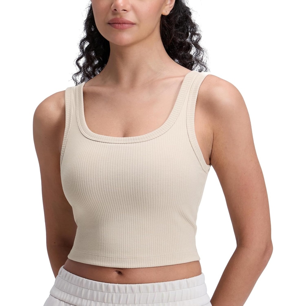 image:imageCRZ YOGA Ribbed Scoop Neck Crop Tank Tops for Women Padded Longline Sports Bras Yoga Workout CamiMojave Tan