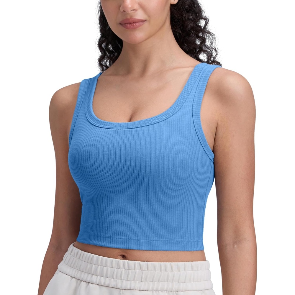 image:imageCRZ YOGA Ribbed Scoop Neck Crop Tank Tops for Women Padded Longline Sports Bras Yoga Workout CamiParty Blue