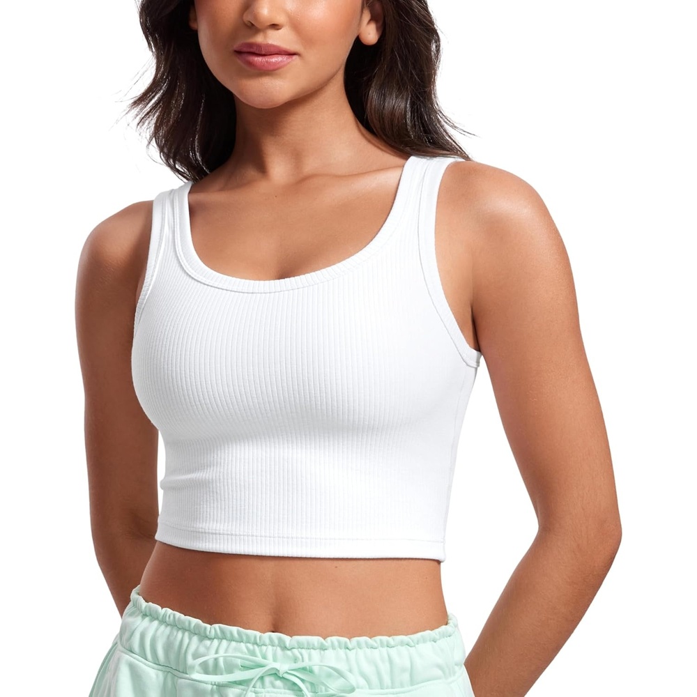 image:imageCRZ YOGA Ribbed Scoop Neck Crop Tank Tops for Women Padded Longline Sports Bras Yoga Workout CamiWhite