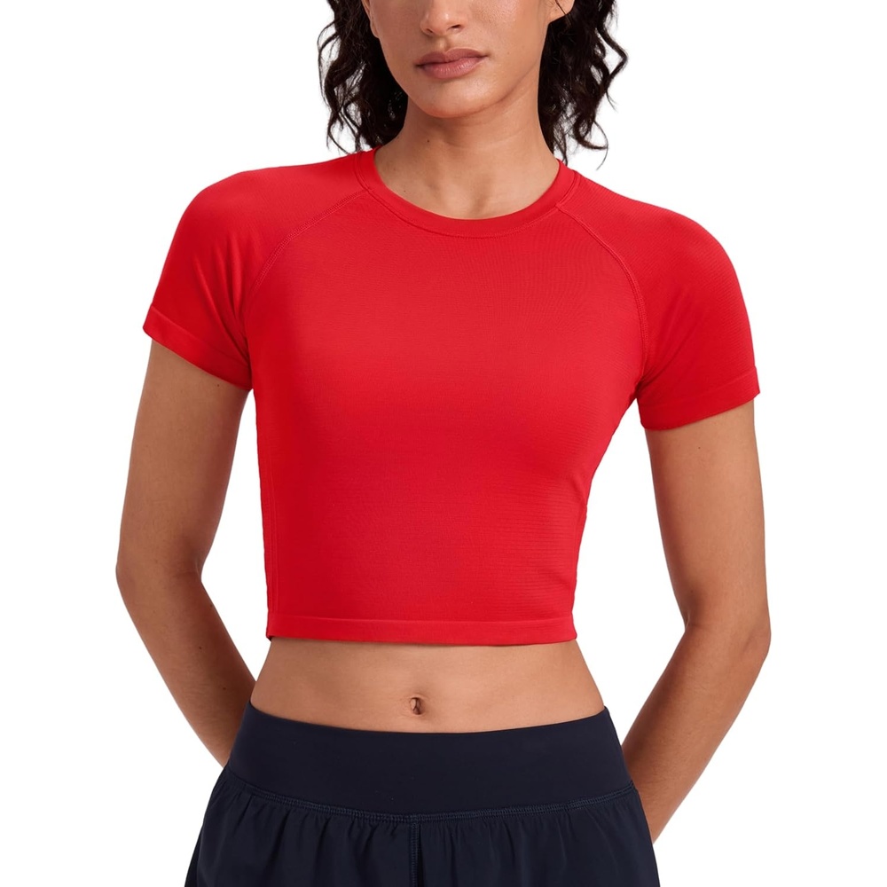 image:imageCRZ YOGA Seamless Crop Workout Tops for Women Athletic Running Gym Yoga Short Sleeve Shirts BasicDeep Red