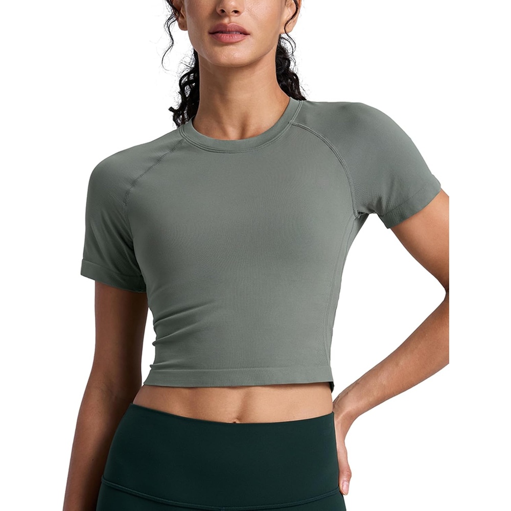 image:imageCRZ YOGA Seamless Crop Workout Tops for Women Athletic Running Gym Yoga Short Sleeve Shirts BasicGrey Sage