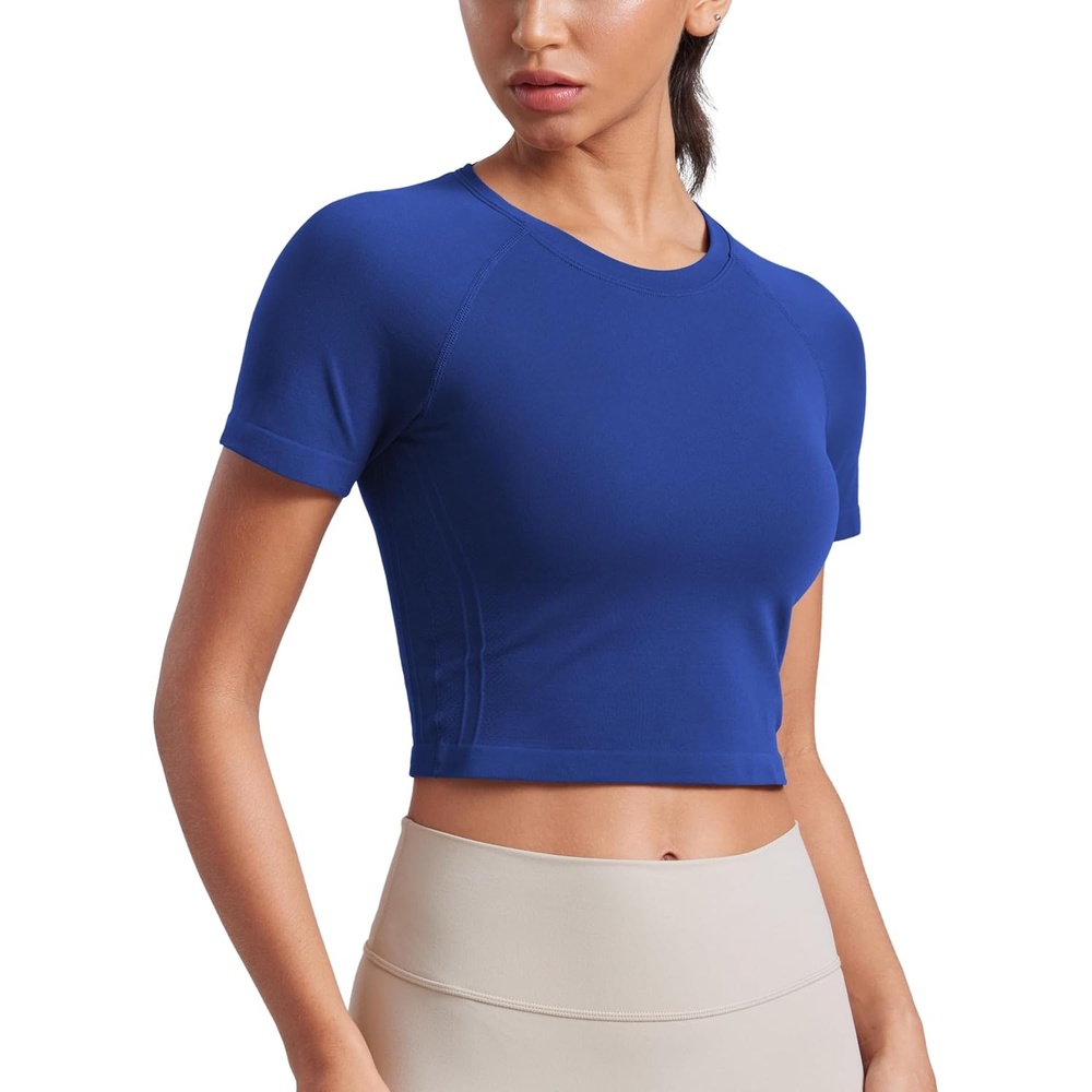 image:imageCRZ YOGA Seamless Crop Workout Tops for Women Athletic Running Gym Yoga Short Sleeve Shirts BasicLarkspur Blue