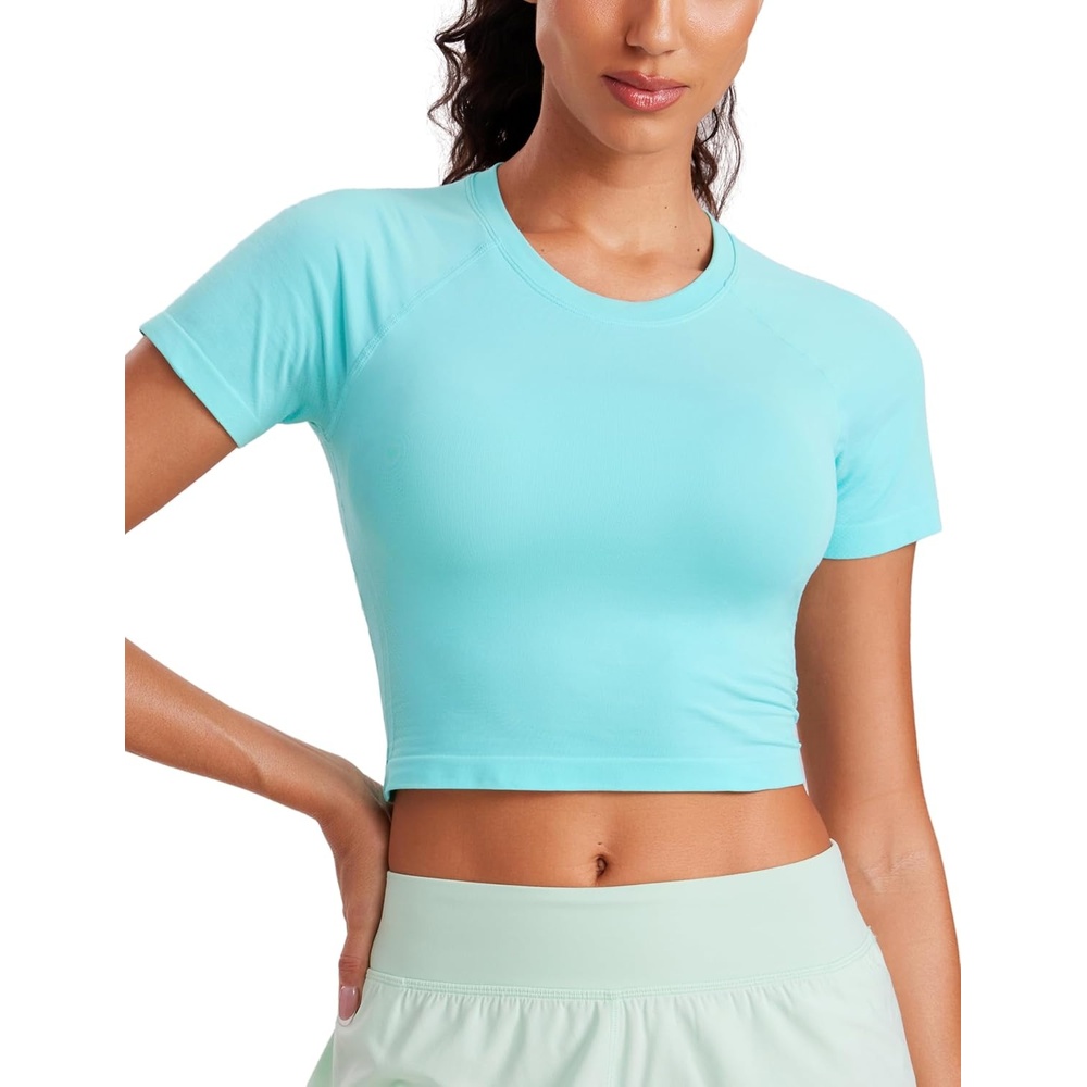 image:imageCRZ YOGA Seamless Crop Workout Tops for Women Athletic Running Gym Yoga Short Sleeve Shirts BasicTurquoise