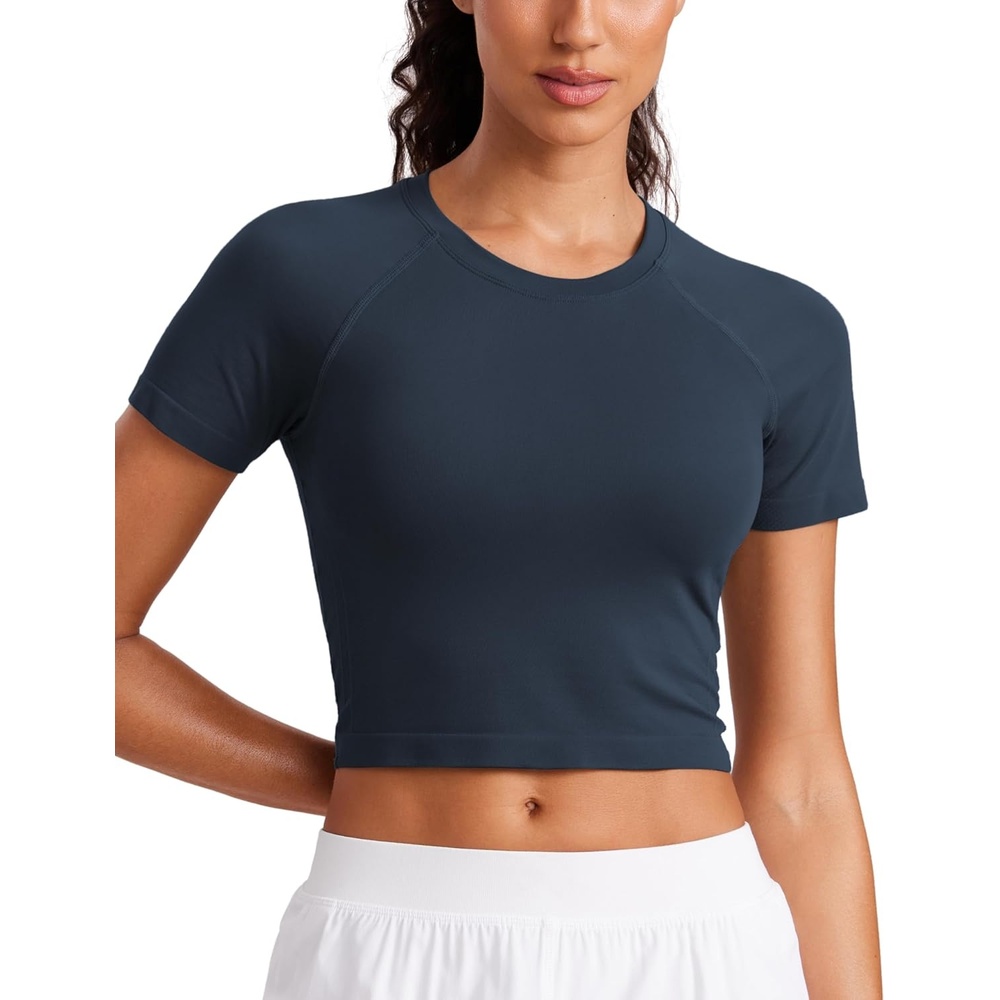 image:imageCRZ YOGA Seamless Crop Workout Tops for Women Athletic Running Gym Yoga Short Sleeve Shirts BasicTwilight Blue