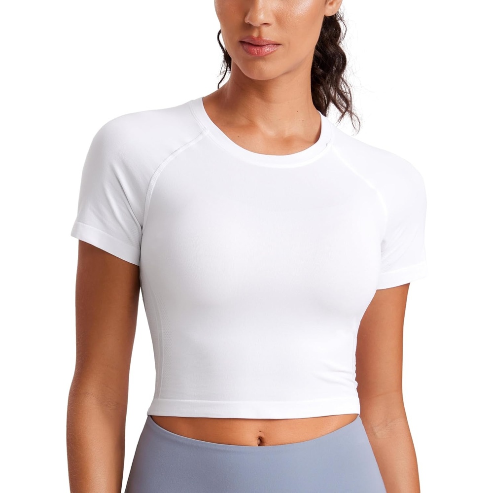 image:imageCRZ YOGA Seamless Crop Workout Tops for Women Athletic Running Gym Yoga Short Sleeve Shirts BasicWhite