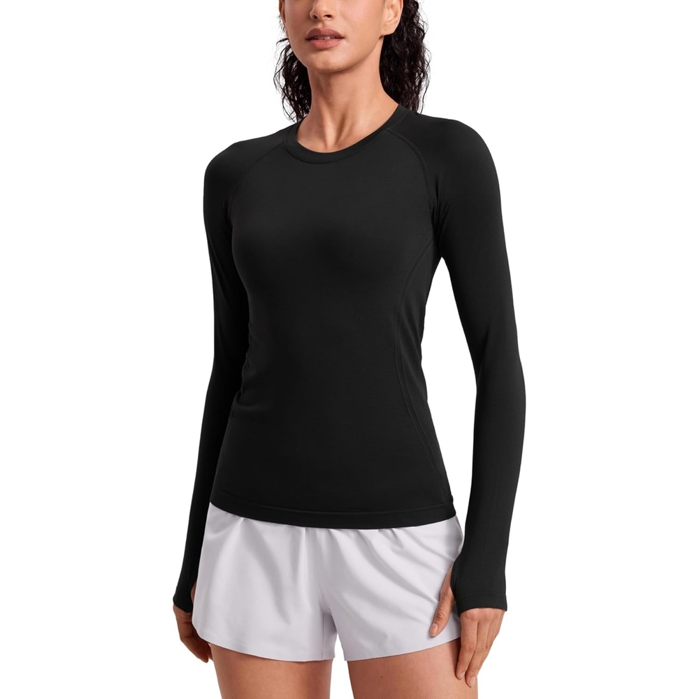 image:imageCRZ YOGA Seamless Long Sleeve Shirts for Women Hip Length Workout Athletic Running Gym Yoga Tops Breathable Crewneck TshirtBlack