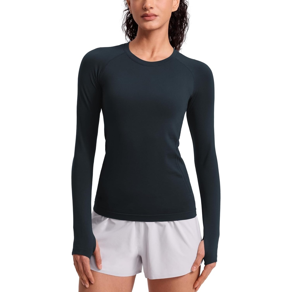 image:imageCRZ YOGA Seamless Long Sleeve Shirts for Women Hip Length Workout Athletic Running Gym Yoga Tops Breathable Crewneck TshirtTrue Navy