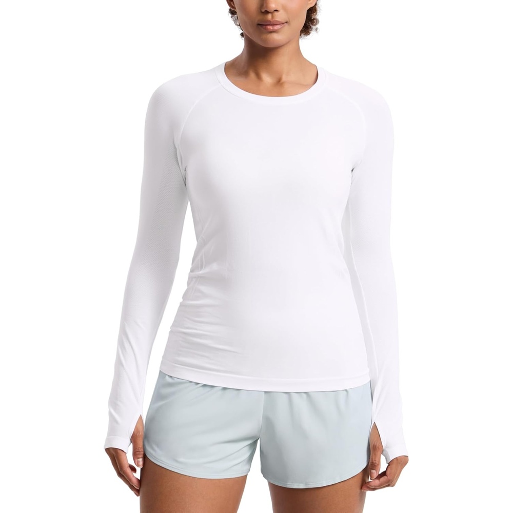 image:imageCRZ YOGA Seamless Long Sleeve Shirts for Women Hip Length Workout Athletic Running Gym Yoga Tops Breathable Crewneck TshirtWhite