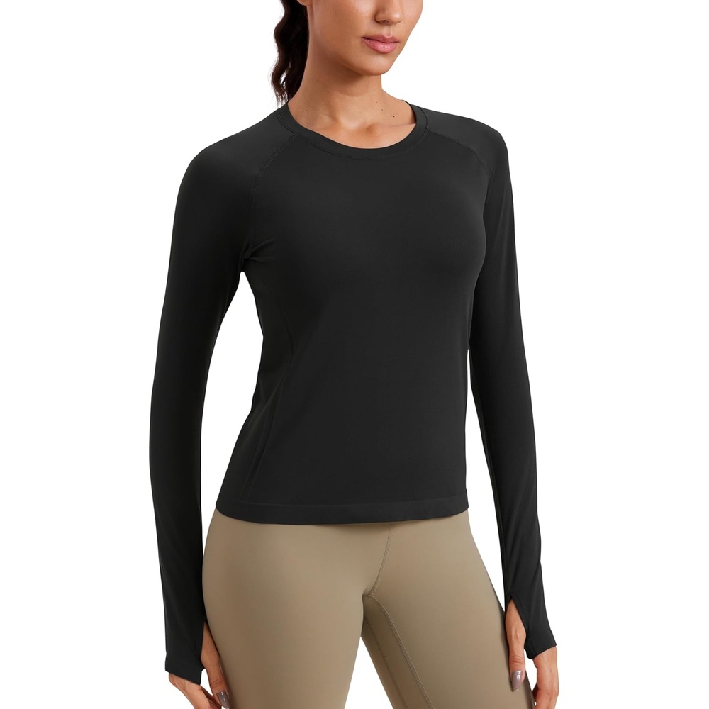image:imageCRZ YOGA Seamless Long Sleeve Shirts for Women Waist Length Workout Athletic Running Gym Yoga Tops Crewneck BreathableBlack