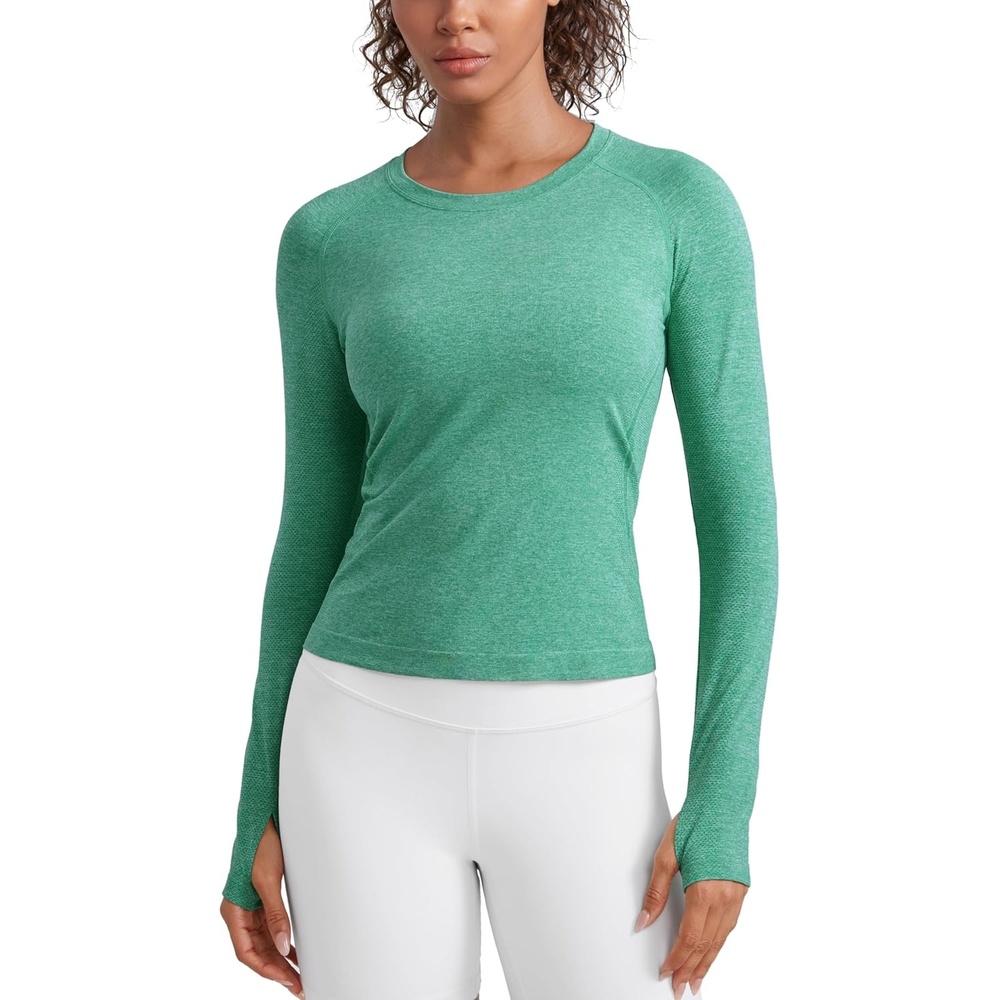 image:imageCRZ YOGA Seamless Long Sleeve Shirts for Women Waist Length Workout Athletic Running Gym Yoga Tops Crewneck BreathableCascadia Green Heather