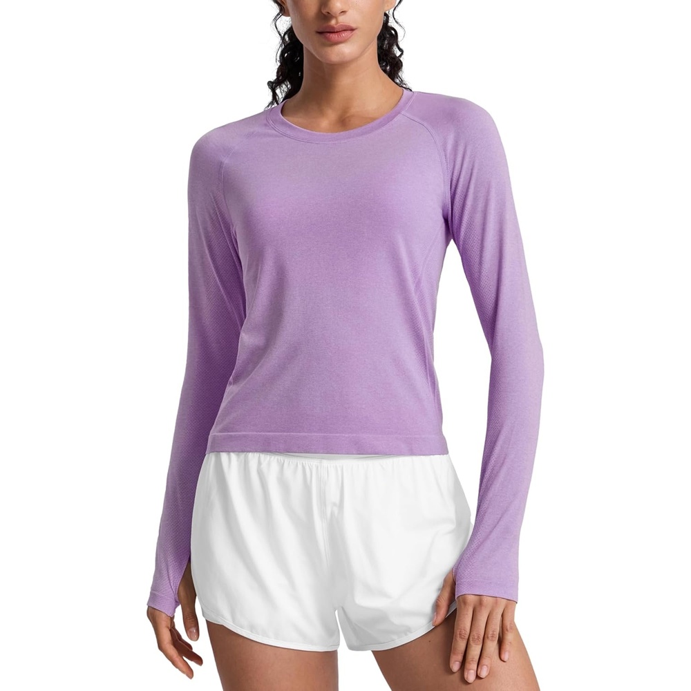 image:imageCRZ YOGA Seamless Long Sleeve Shirts for Women Waist Length Workout Athletic Running Gym Yoga Tops Crewneck BreathableElfin Purple Heather
