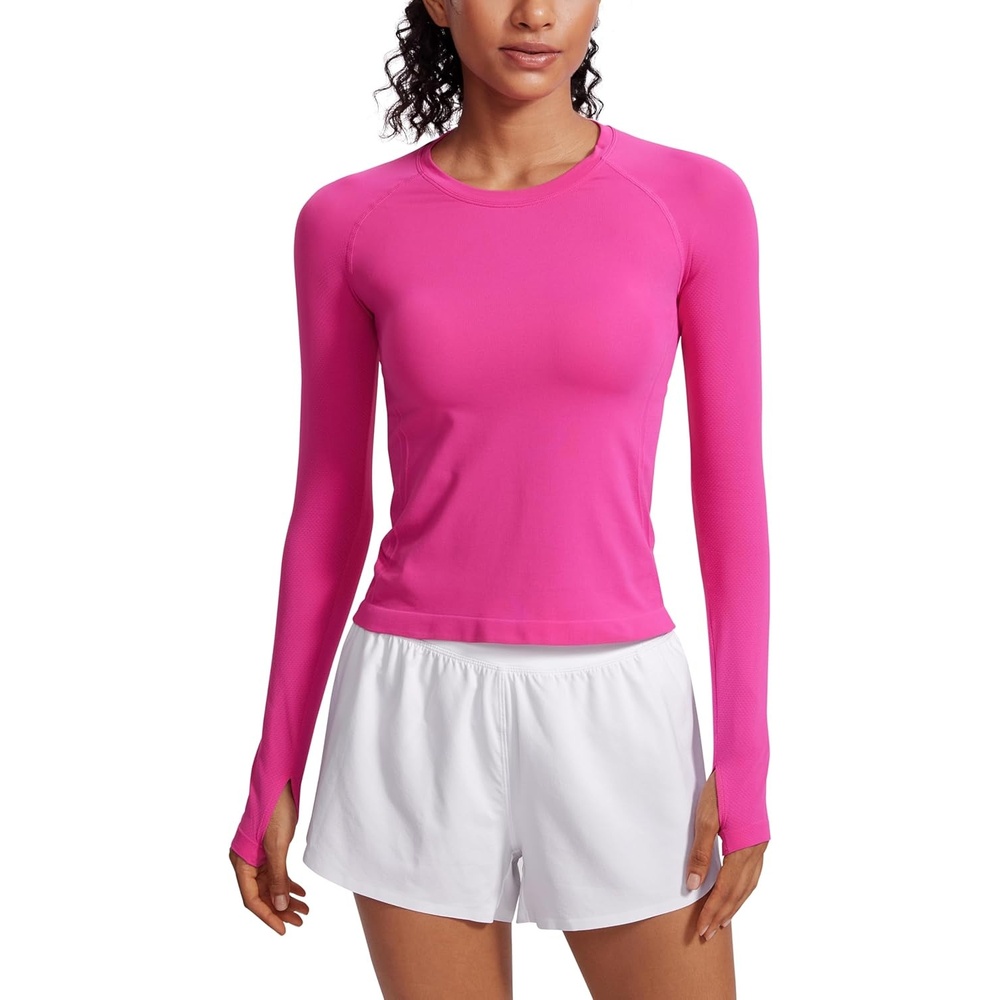 image:imageCRZ YOGA Seamless Long Sleeve Shirts for Women Waist Length Workout Athletic Running Gym Yoga Tops Crewneck BreathableHibiscus Purple