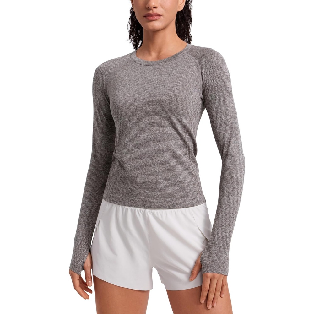 image:imageCRZ YOGA Seamless Long Sleeve Shirts for Women Waist Length Workout Athletic Running Gym Yoga Tops Crewneck BreathableHot Fudge Brown Heather