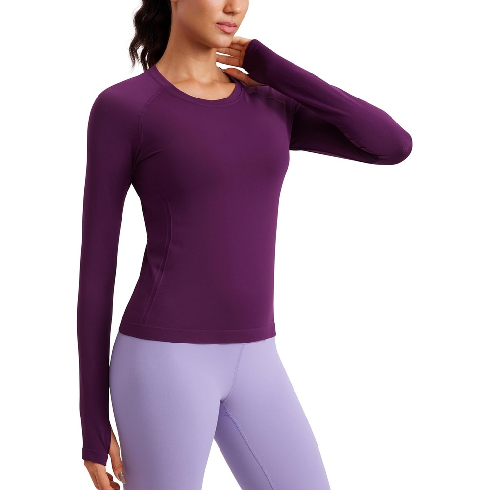 image:imageCRZ YOGA Seamless Long Sleeve Shirts for Women Waist Length Workout Athletic Running Gym Yoga Tops Crewneck BreathablePlum Magenta