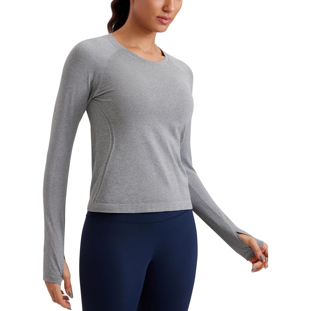 image:imageCRZ YOGA Seamless Long Sleeve Shirts for Women Waist Length Workout Athletic Running Gym Yoga Tops Crewneck BreathableSlate Grey Marl