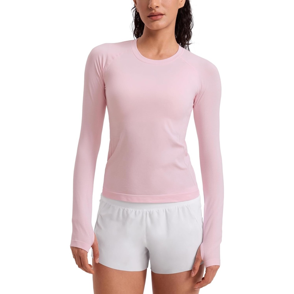 image:imageCRZ YOGA Seamless Long Sleeve Shirts for Women Waist Length Workout Athletic Running Gym Yoga Tops Crewneck BreathableStrawberry Pink
