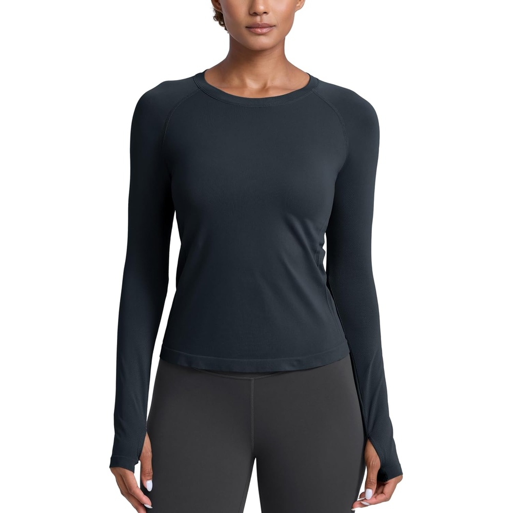 image:imageCRZ YOGA Seamless Long Sleeve Shirts for Women Waist Length Workout Athletic Running Gym Yoga Tops Crewneck BreathableTrue Navy