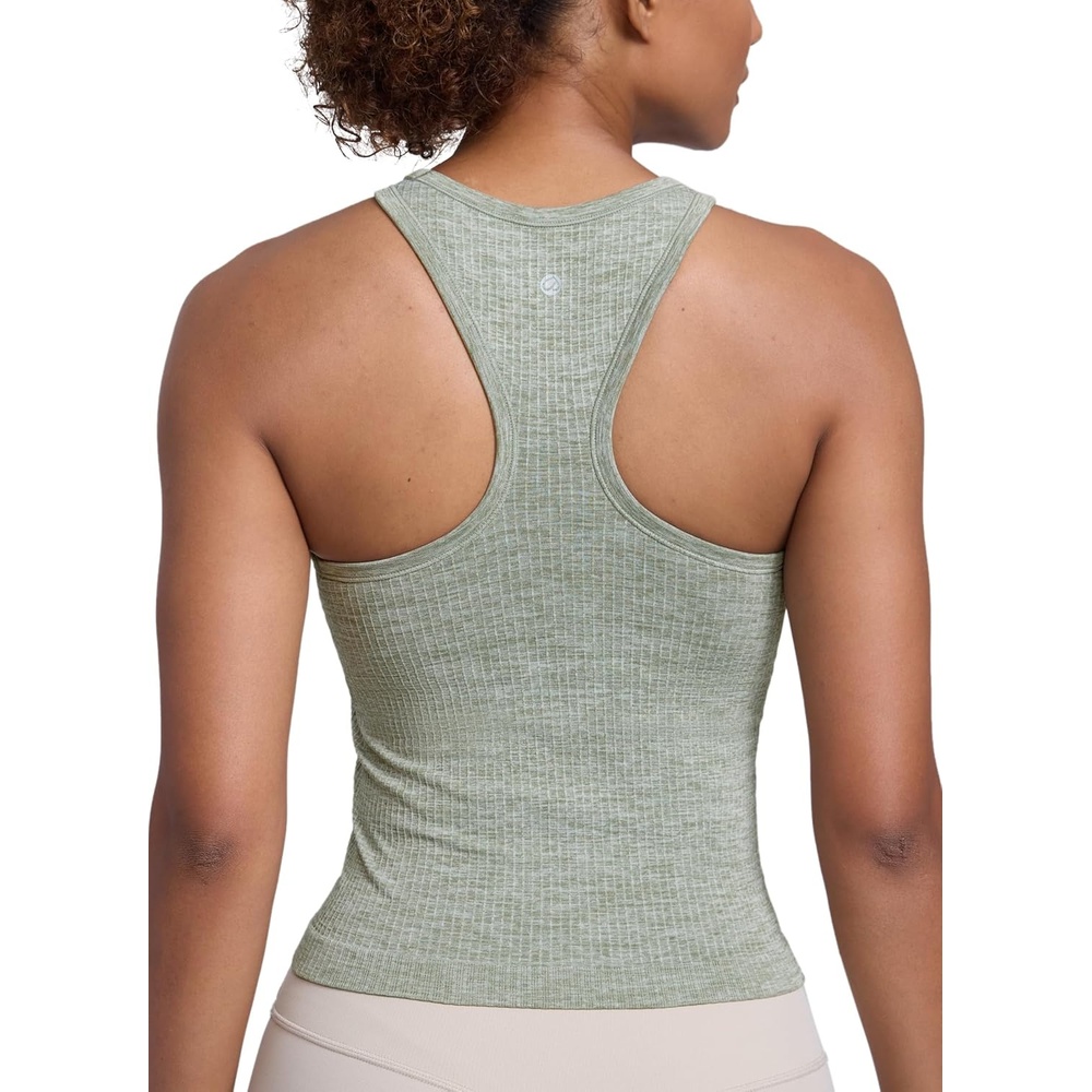 image:imageCRZ YOGA Seamless Ribbed High Neck Tank Top for Women Sleeveless Crop Yoga Workout Shirt with Built in BraDark Green
