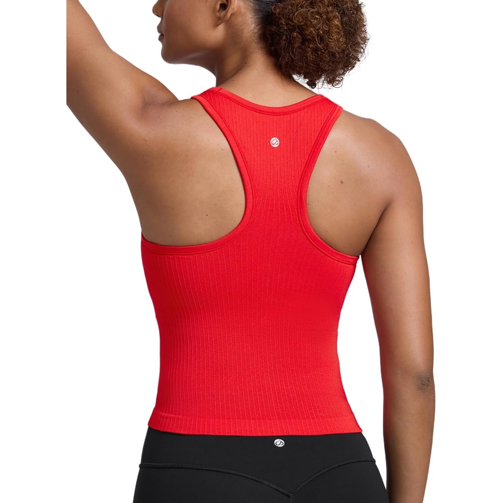 image:imageCRZ YOGA Seamless Ribbed High Neck Tank Top for Women Sleeveless Crop Yoga Workout Shirt with Built in BraDeep Red