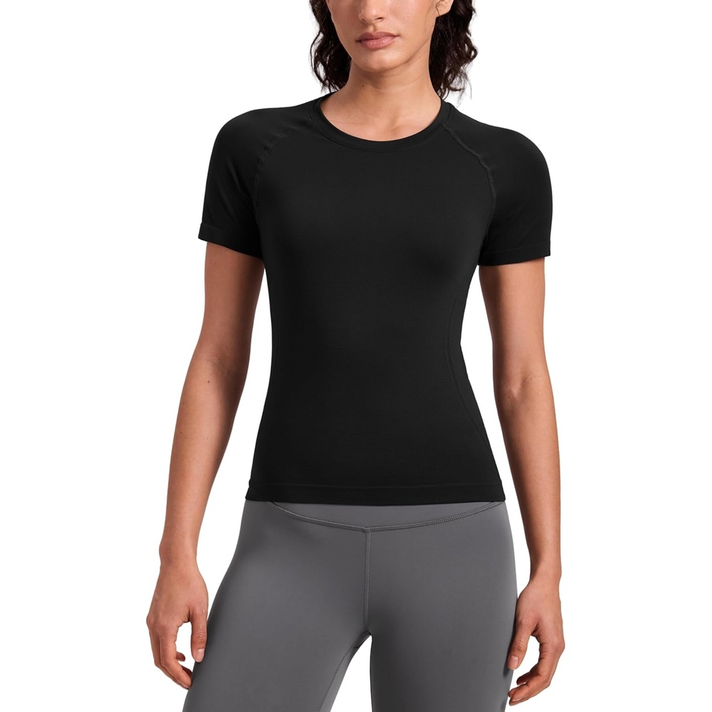 image:imageCRZ YOGA Seamless Workout Tops for Women Waist Length Running Gym Athletic Yoga Short Sleeve Shirts Breathable CrewneckBlack