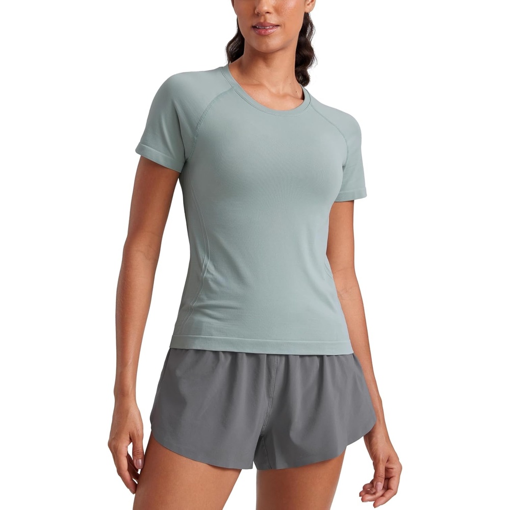image:imageCRZ YOGA Seamless Workout Tops for Women Waist Length Running Gym Athletic Yoga Short Sleeve Shirts Breathable CrewneckGreen Palm Court