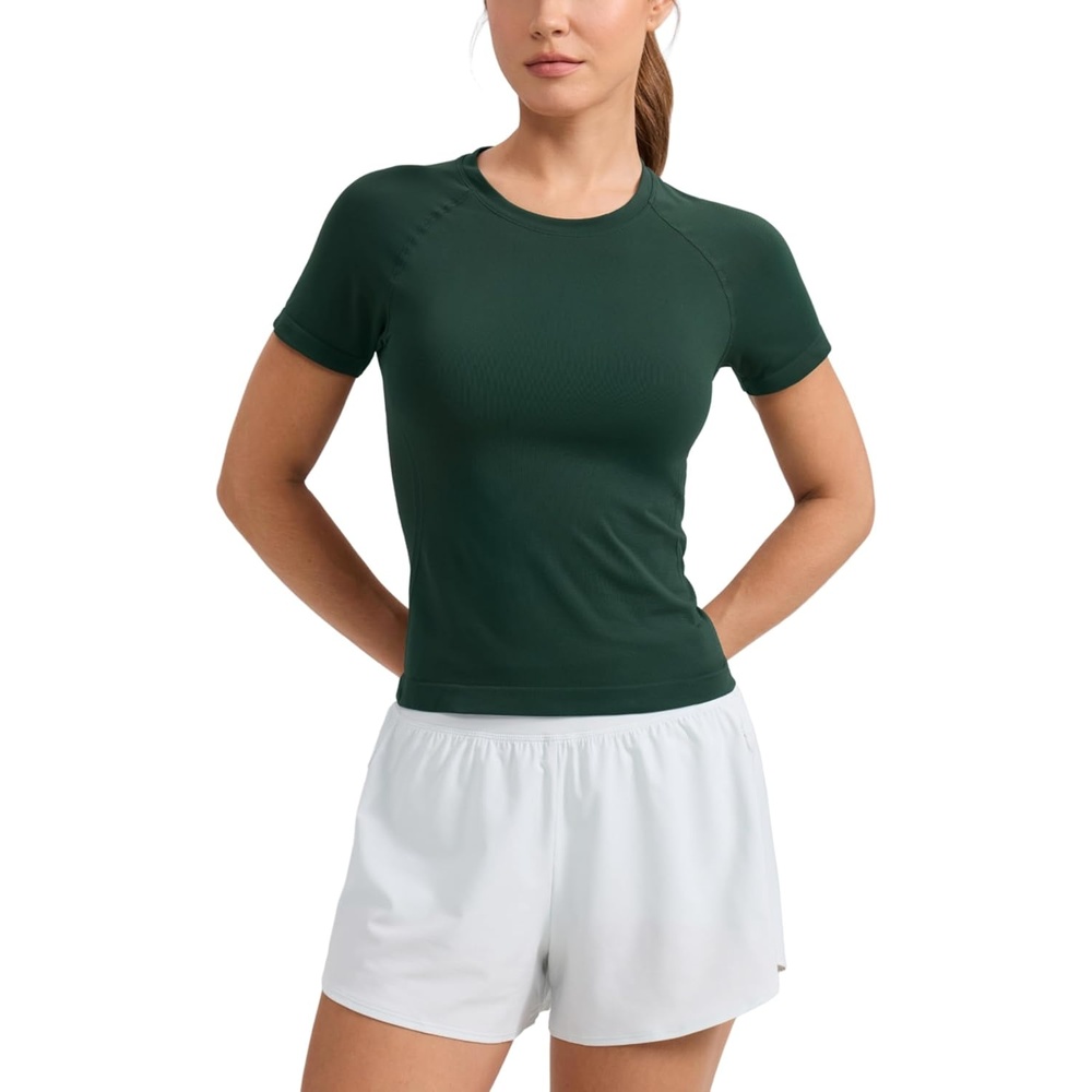 image:imageCRZ YOGA Seamless Workout Tops for Women Waist Length Running Gym Athletic Yoga Short Sleeve Shirts Breathable CrewneckLegend Green