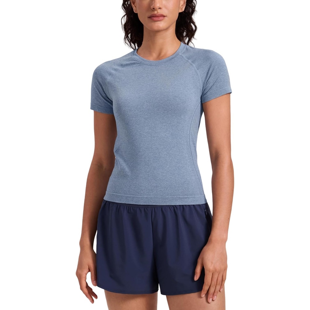 image:imageCRZ YOGA Seamless Workout Tops for Women Waist Length Running Gym Athletic Yoga Short Sleeve Shirts Breathable CrewneckOasis Blue Heather