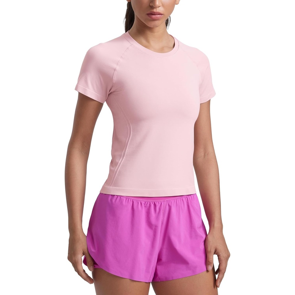 image:imageCRZ YOGA Seamless Workout Tops for Women Waist Length Running Gym Athletic Yoga Short Sleeve Shirts Breathable CrewneckRose Blush