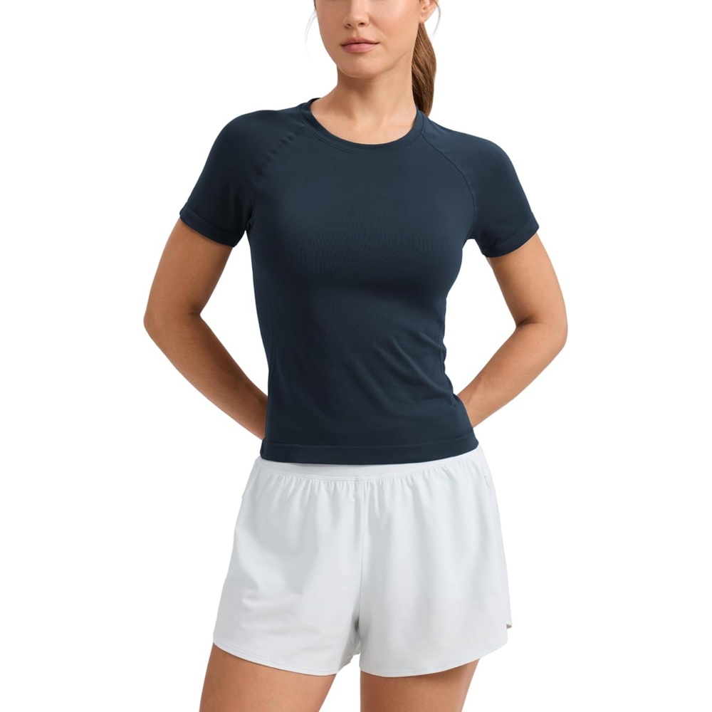 image:imageCRZ YOGA Seamless Workout Tops for Women Waist Length Running Gym Athletic Yoga Short Sleeve Shirts Breathable CrewneckTwilight Blue
