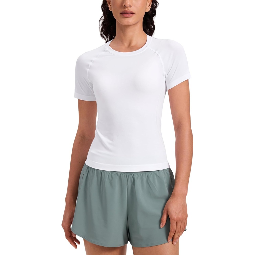 image:imageCRZ YOGA Seamless Workout Tops for Women Waist Length Running Gym Athletic Yoga Short Sleeve Shirts Breathable CrewneckWhite