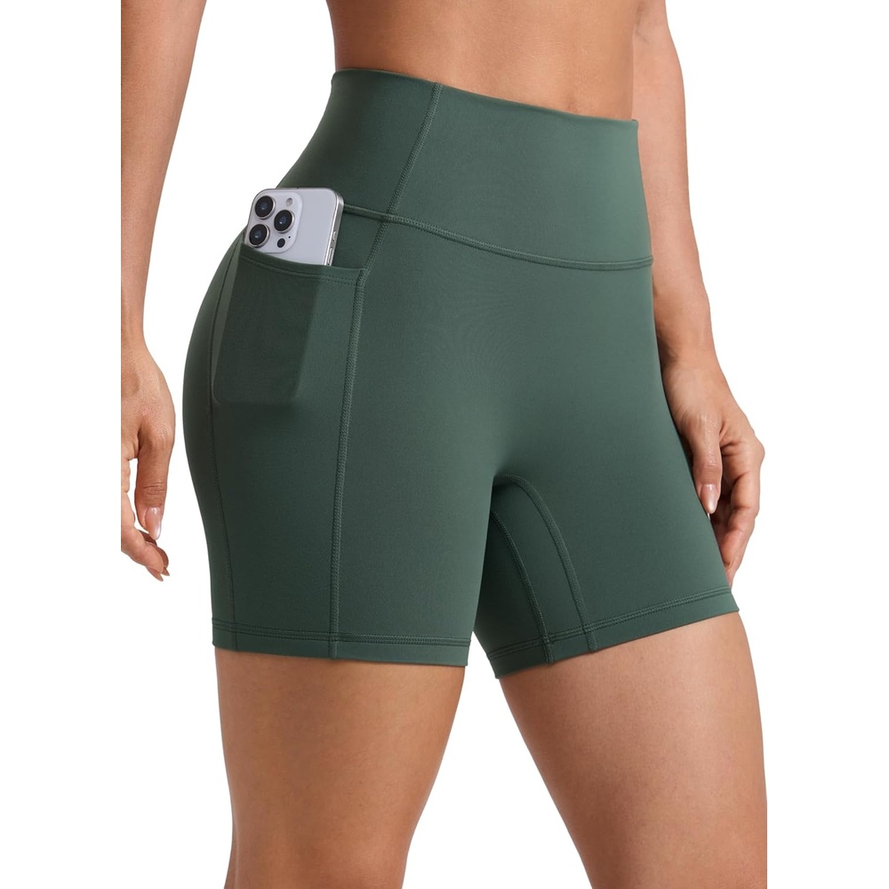image:imageCRZ YOGA Secretsculpt Butterlift Biker Shorts Pockets 5 No Front Seam Womens High Waist Workout Booty Scrunch ButtDark Forest Green