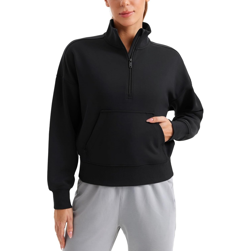image:imageCRZ YOGA SoftAura Half Zip Sweatshirt for Women Pullover Workout Casual Funnel Neck Sweat Shirts with PocketBlack