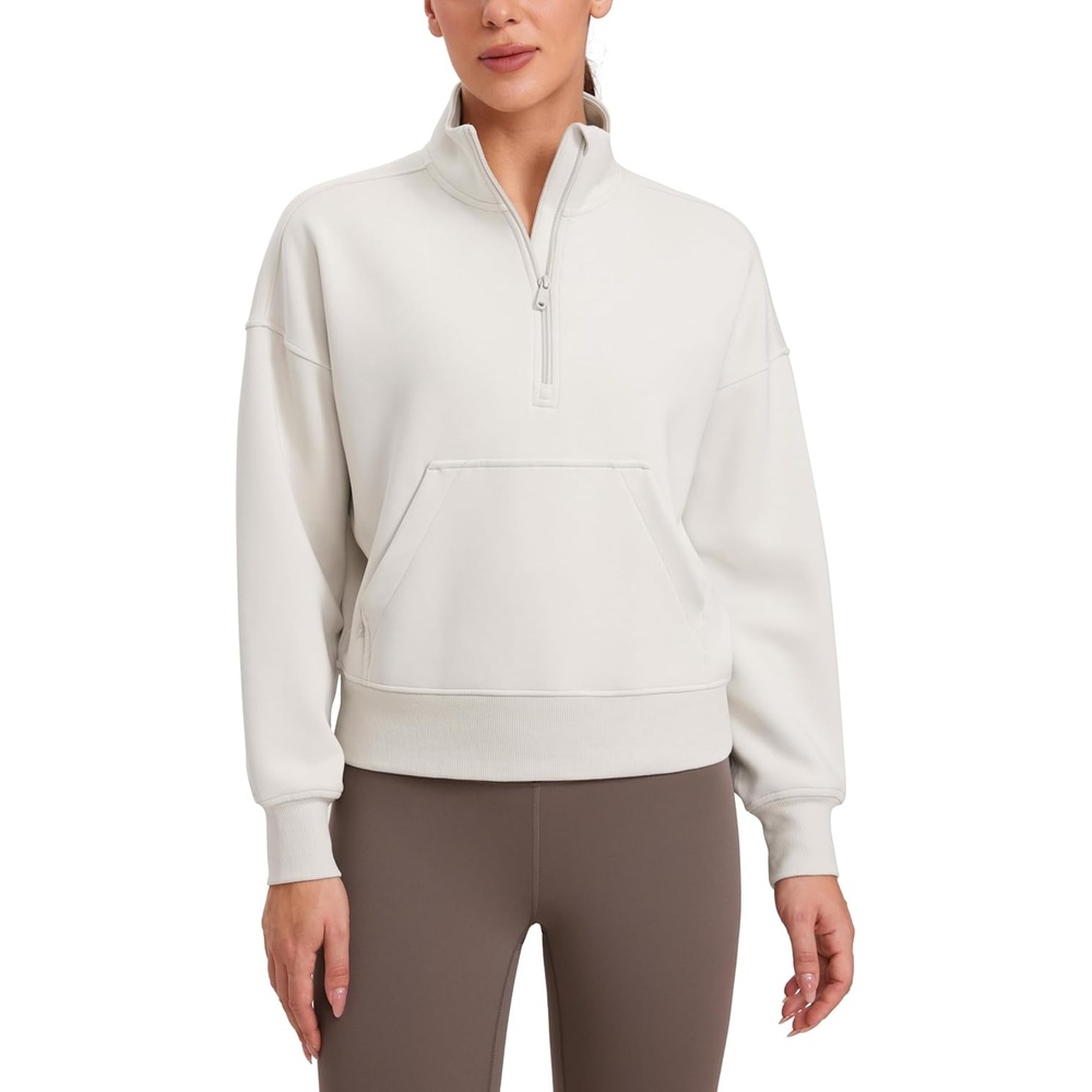 image:imageCRZ YOGA SoftAura Half Zip Sweatshirt for Women Pullover Workout Casual Funnel Neck Sweat Shirts with PocketMilky White Bone