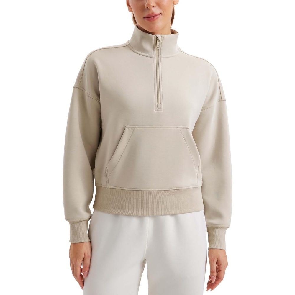 image:imageCRZ YOGA SoftAura Half Zip Sweatshirt for Women Pullover Workout Casual Funnel Neck Sweat Shirts with PocketMojave Tan