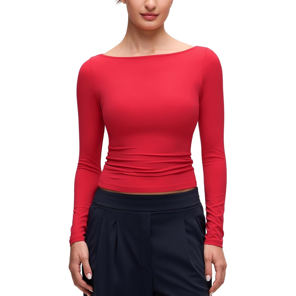 image:imageCRZ YOGA Softembrace Boat Neck Long Sleeve Shirts for Women  Casual Going Out Tops Soft Stretchy Fitted Fall TShirtsAurora Red