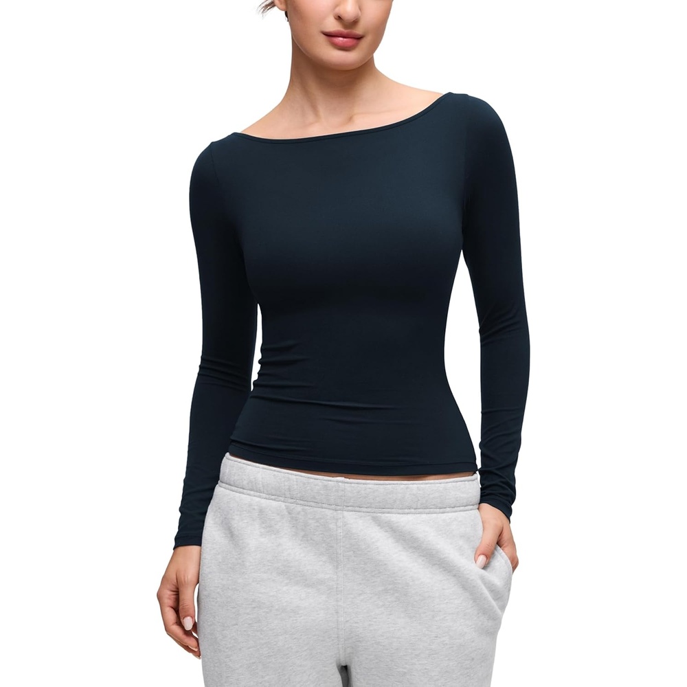 image:imageCRZ YOGA Softembrace Boat Neck Long Sleeve Shirts for Women Casual Going Out Tops Soft Stretchy Fitted Fall TShirtsTrue Navy