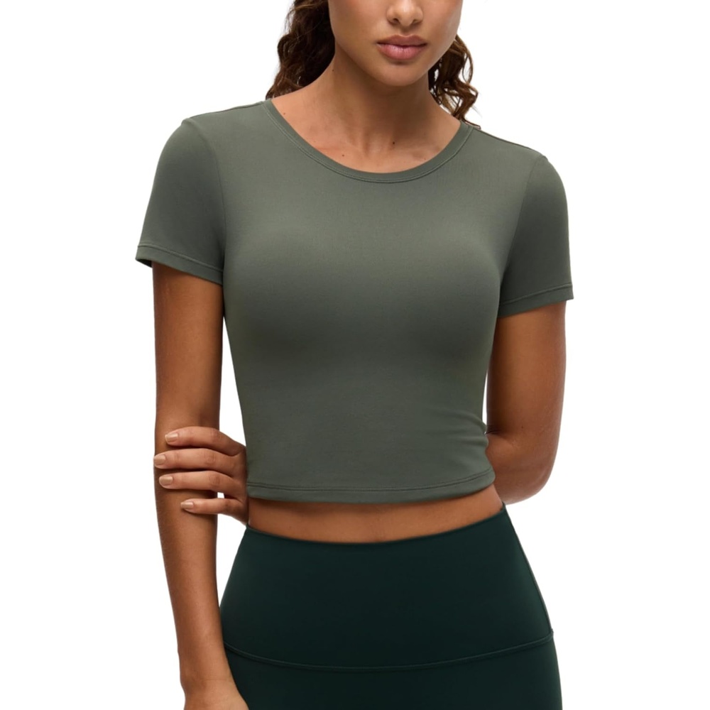 image:imageCRZ YOGA Softembrace Crewneck Crop Tops for Women  Workout Casual Going Out Soft Short Sleeve Shirts Basic Fitted Baby TeesLight Army Green