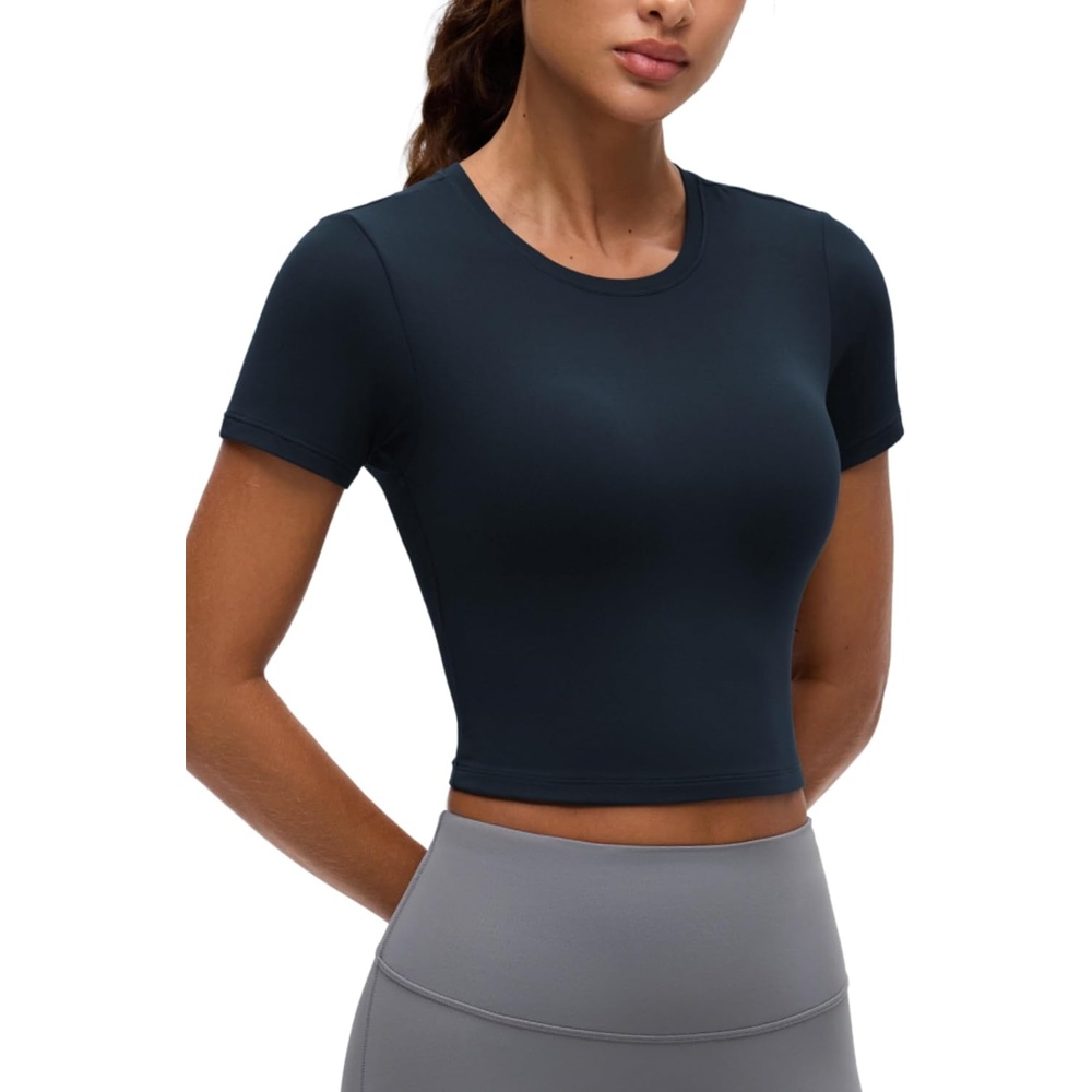image:imageCRZ YOGA Softembrace Crewneck Crop Tops for Women  Workout Casual Going Out Soft Short Sleeve Shirts Basic Fitted Baby TeesTrue Navy