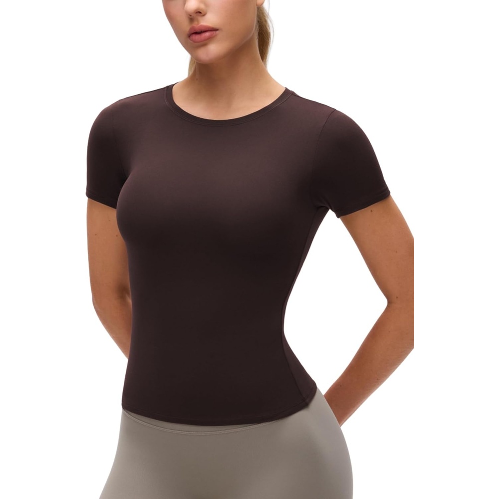 image:imageCRZ YOGA Softembrace High Neck Tops for Women  Soft Workout Casual Going Out Shirts Crewneck Tight Short Sleeve TShirtHot Fudge Brown