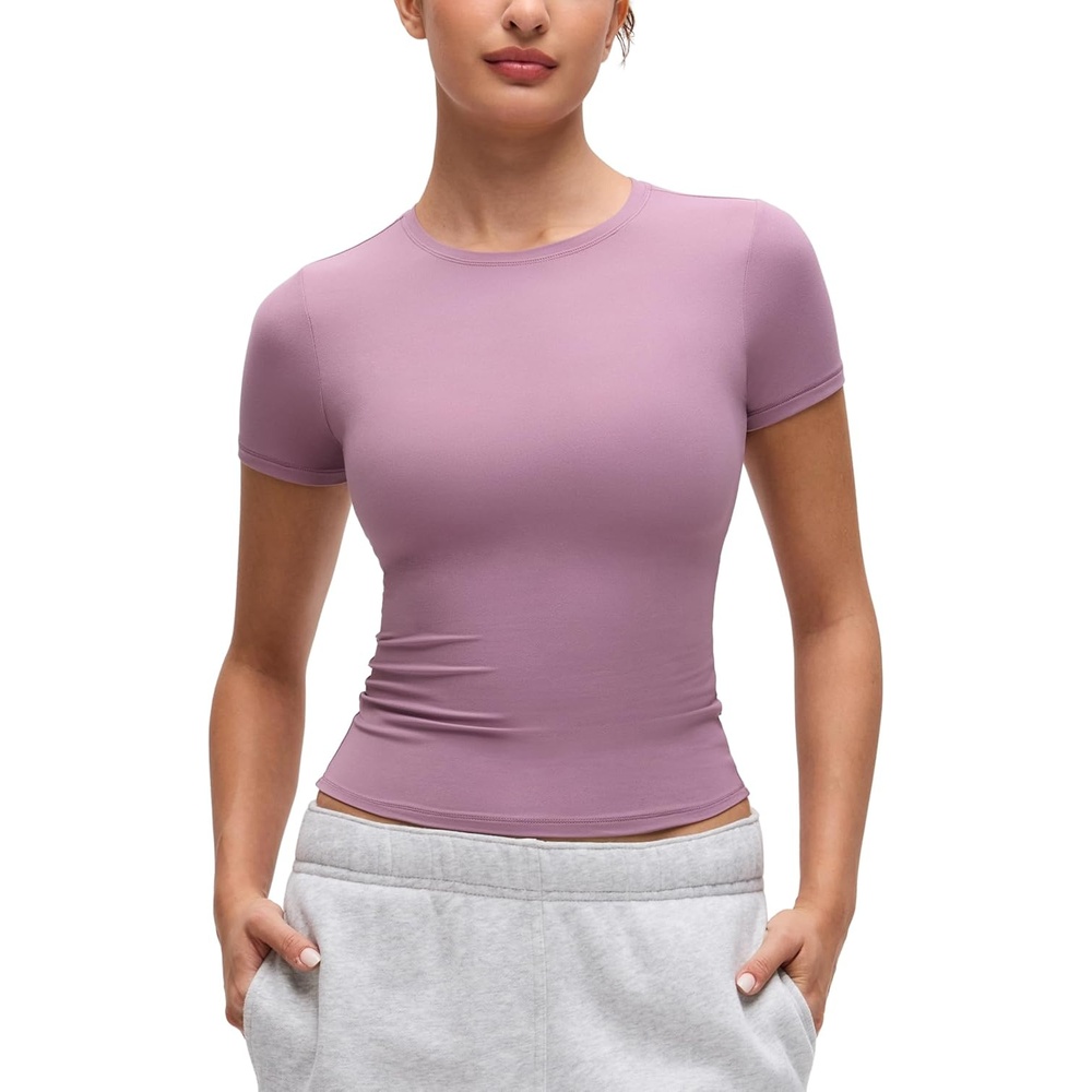 image:imageCRZ YOGA Softembrace High Neck Tops for Women Soft Workout Casual Going Out Shirts Crewneck Tight Short Sleeve TShirtLight Lavender