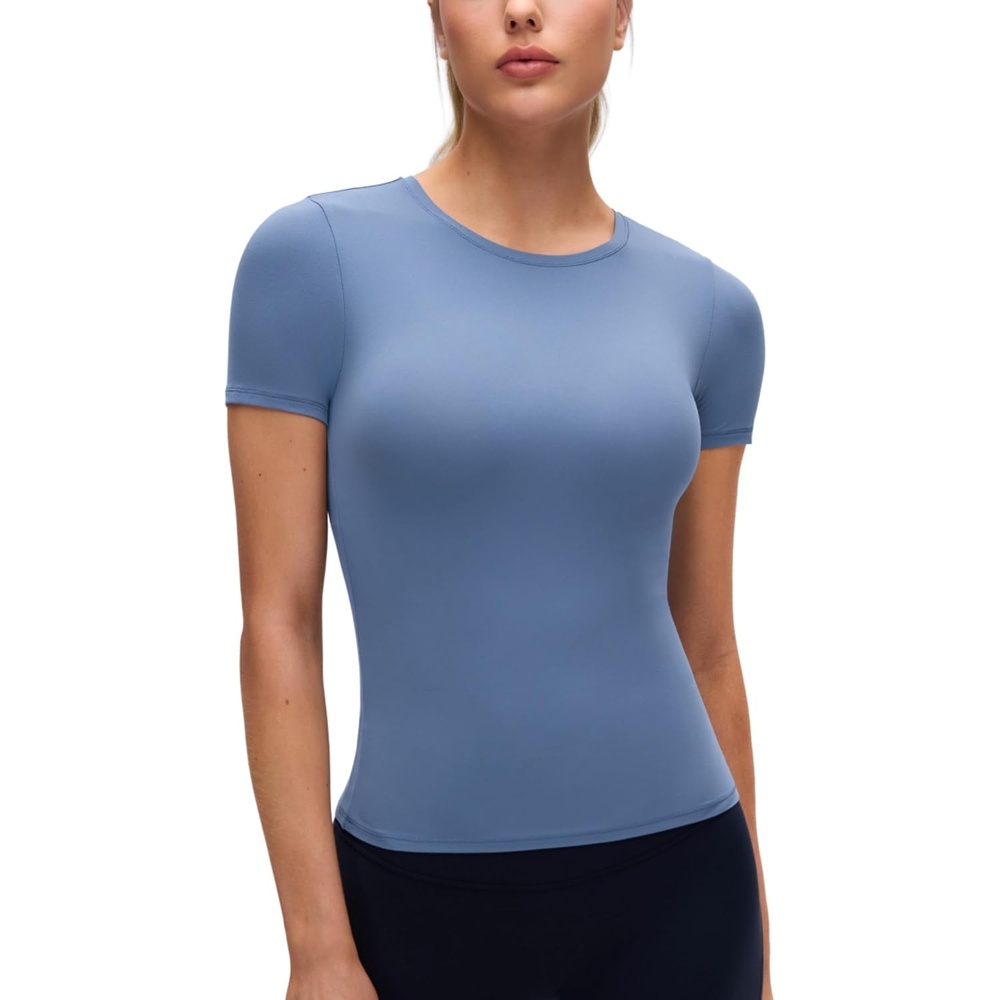 image:imageCRZ YOGA Softembrace High Neck Tops for Women Soft Workout Casual Going Out Shirts Crewneck Tight Short Sleeve TShirtOasis Blue