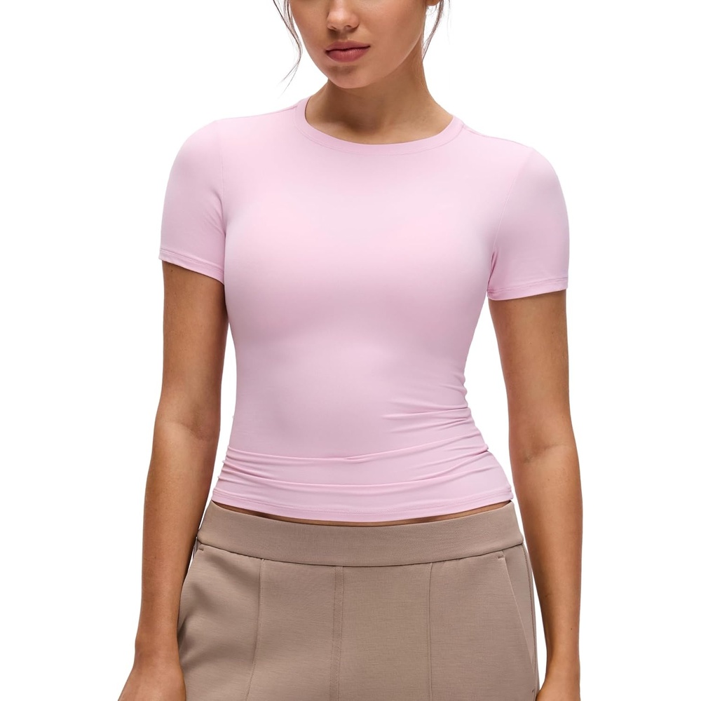 image:imageCRZ YOGA Softembrace High Neck Tops for Women Soft Workout Casual Going Out Shirts Crewneck Tight Short Sleeve TShirtPink Peony