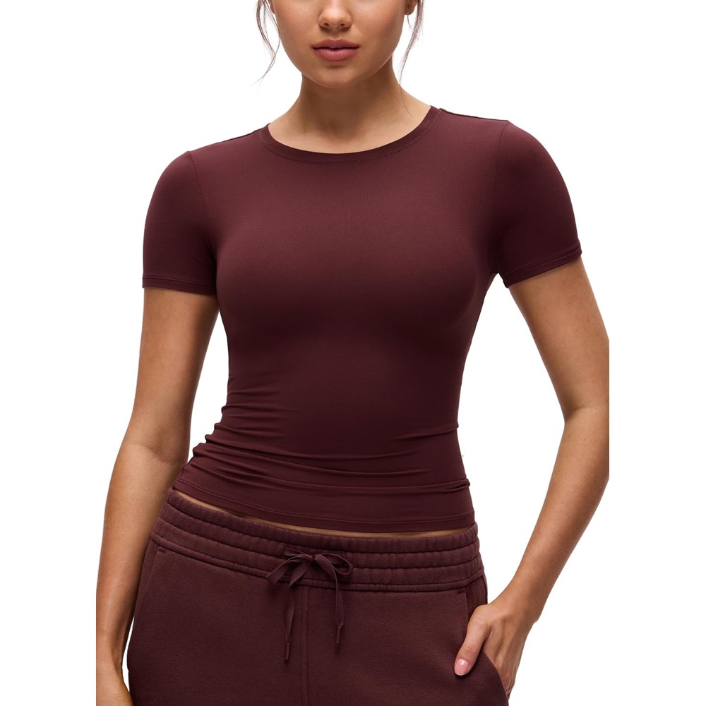 image:imageCRZ YOGA Softembrace High Neck Tops for Women  Soft Workout Casual Going Out Shirts Crewneck Tight Short Sleeve TShirtRed Merlot