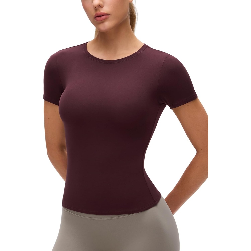 image:imageCRZ YOGA Softembrace High Neck Tops for Women Soft Workout Casual Going Out Shirts Crewneck Tight Short Sleeve TShirtRipe Plum