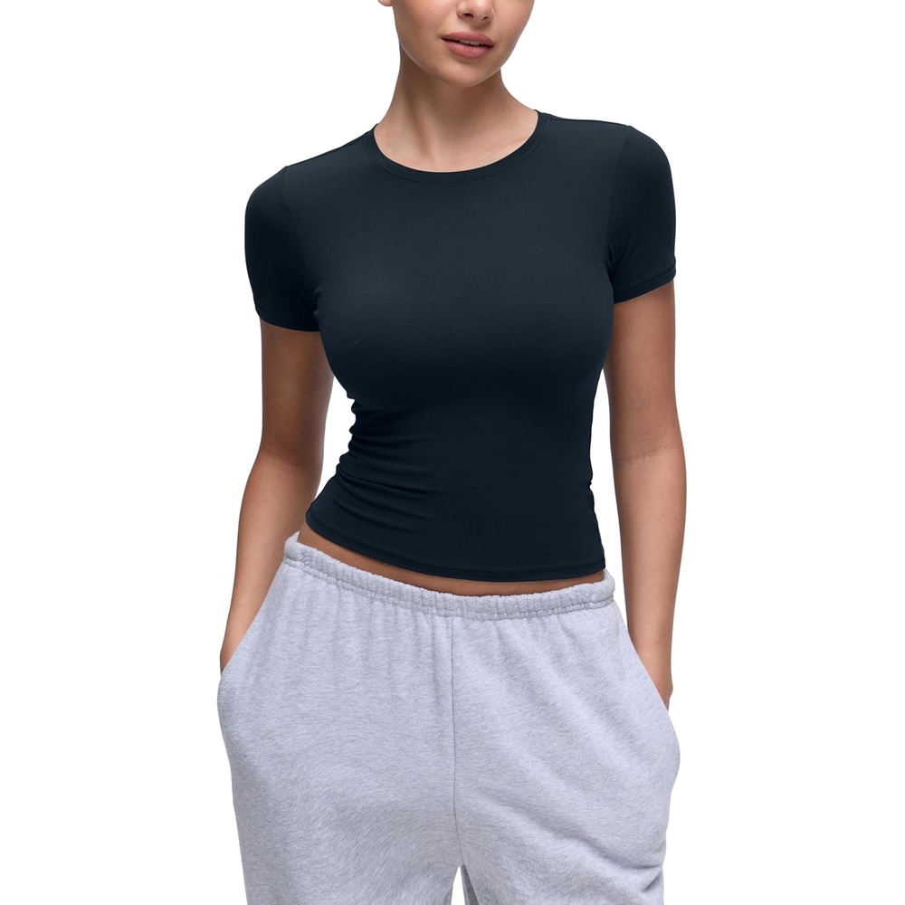 image:imageCRZ YOGA Softembrace High Neck Tops for Women Soft Workout Casual Going Out Shirts Crewneck Tight Short Sleeve TShirtTrue Navy